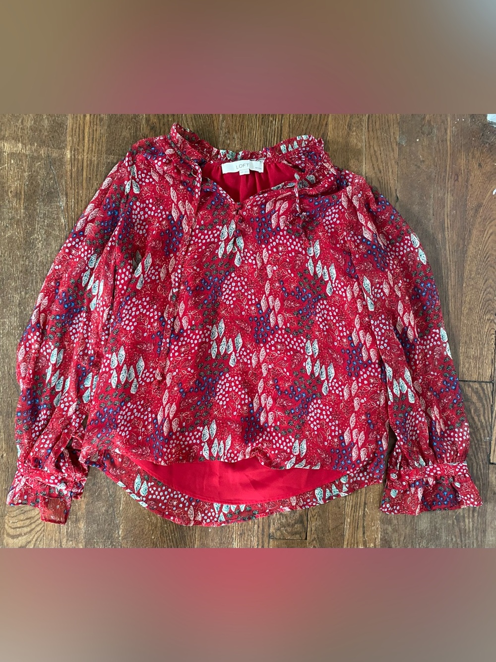 LOFT Red Multicolor Printed Long-Sleeve Blouse